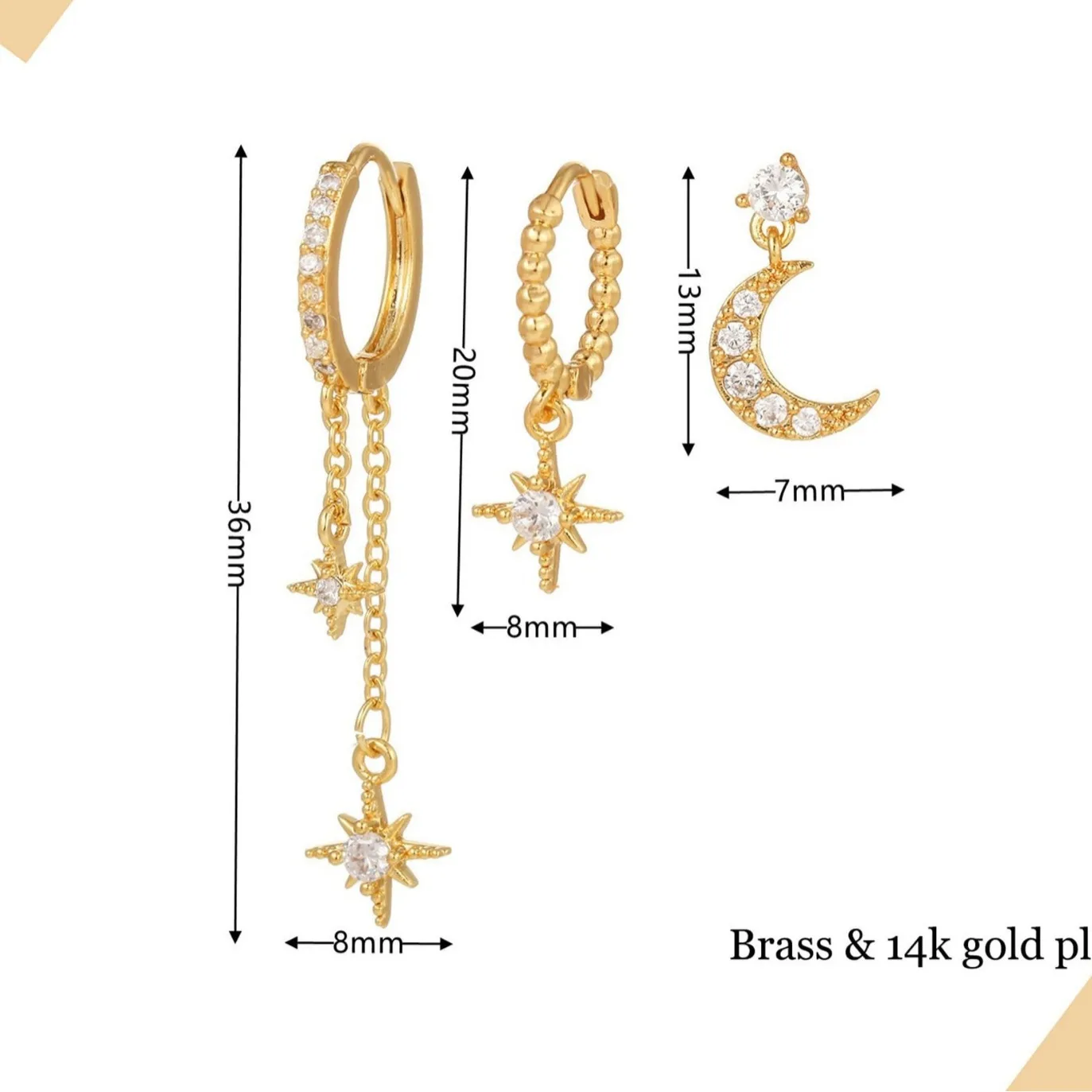 Brass real gold plating, hot-selling zircon inlaid sun moon zircon cartilage earrings three pieces