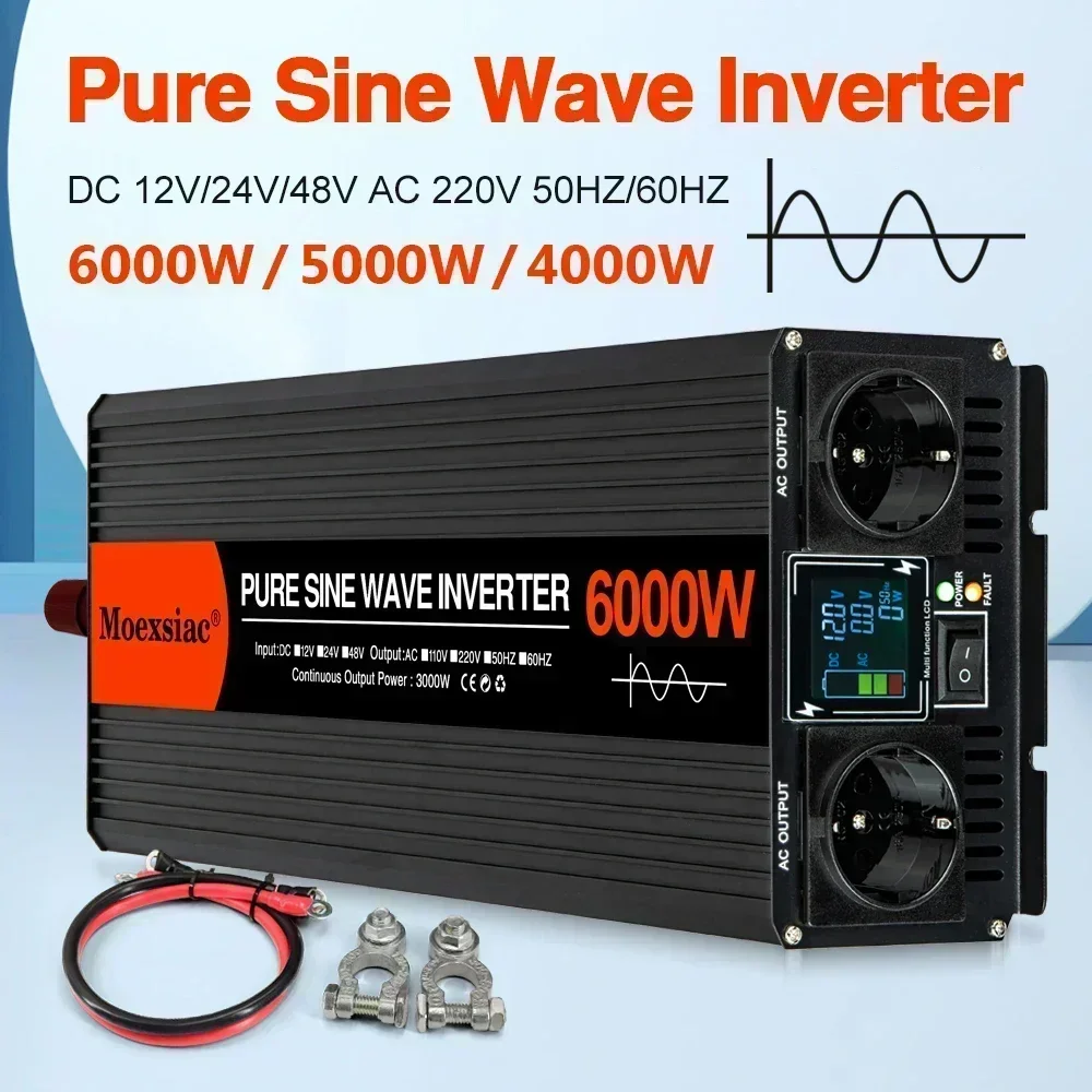 12V Pure Sine Wave Solar Inverter 4000W 5000W 6000W Double EU Socket DC 12V To AC 220V 50Hz / 60Hz Voltage Power Converters