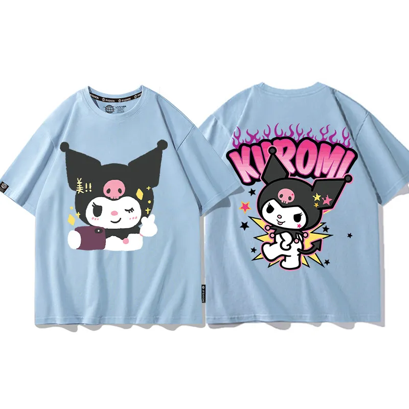 

Синяя детская футболка Sanrio Kuromi из чистого хлопка с двусторонним принтом, модная рубашка с короткими рукавами для родителей и детей