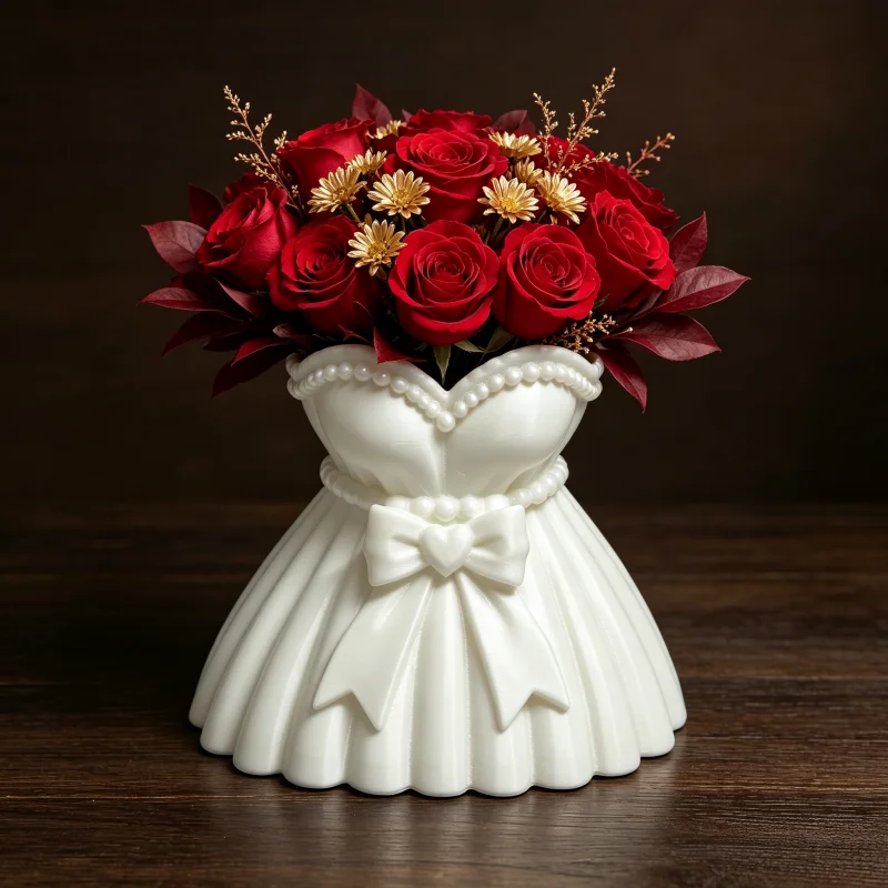 Fashionable Heart-Shaped Bow-Decorated Skirt-Shaped Vase, White Pearl-Edged Skirt-Style Flower Vessel, Dual-Purpose Desktop Vase + Vanity Makeup Storage Container