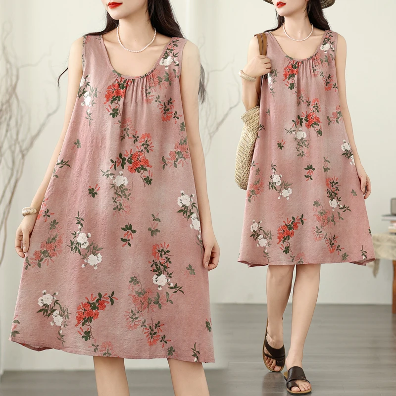 Plus size feminino verão solto strapl a linha dr algodão linho redondo ne impressão casual sle svel saia de comprimento médio