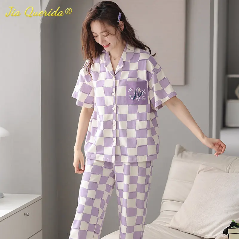 SUKAE Elegant Floral Sleepwear for Woman Summer Turn-down Collar Women\'s Pajamas Set Casual Loungewear Cotton Nightwear for Girl