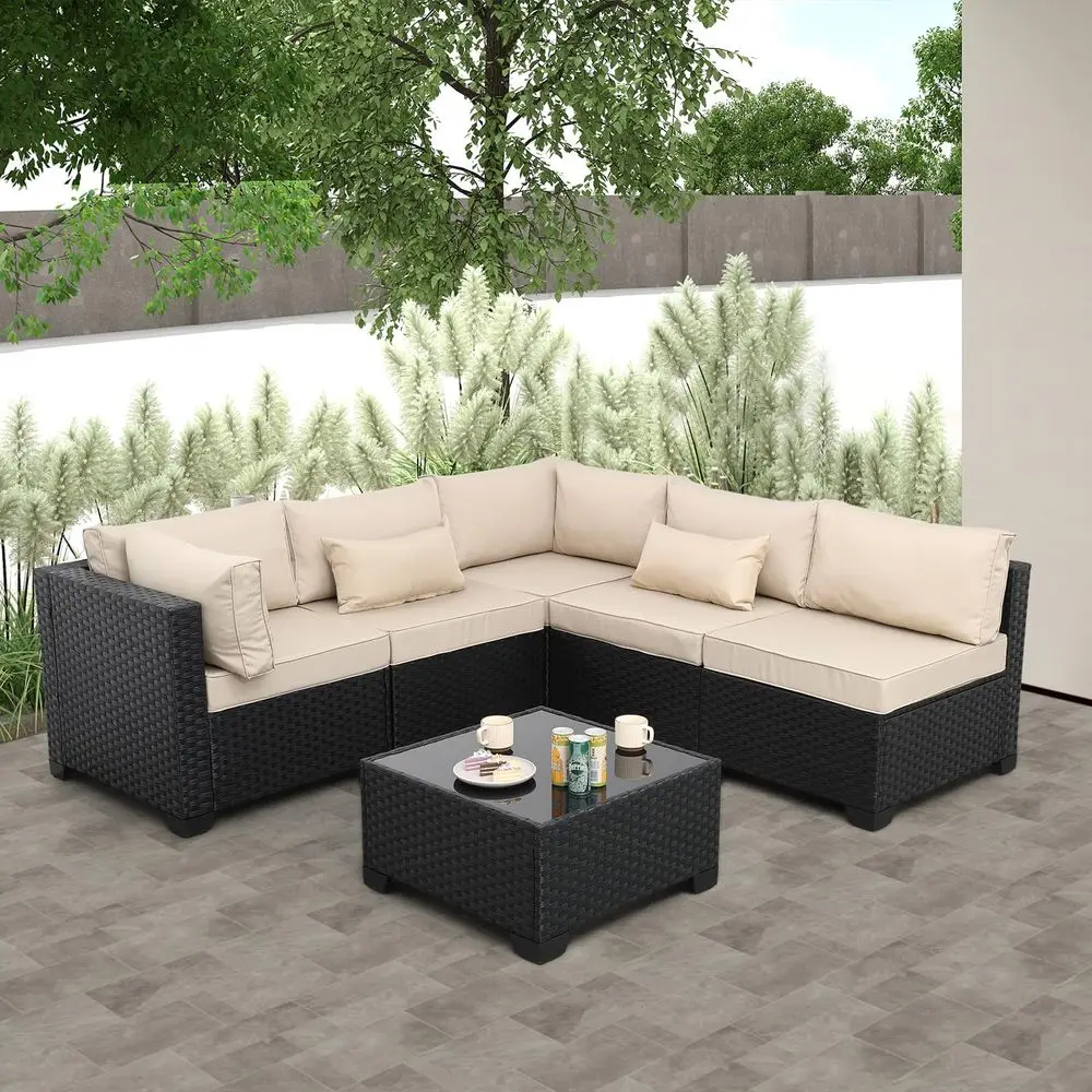

Patio Sectional 6 Pieces AllWeather Wicker Patio Furniture Set Outdoor Sectional with Glass Table NonSlip Cushions and Waterpro