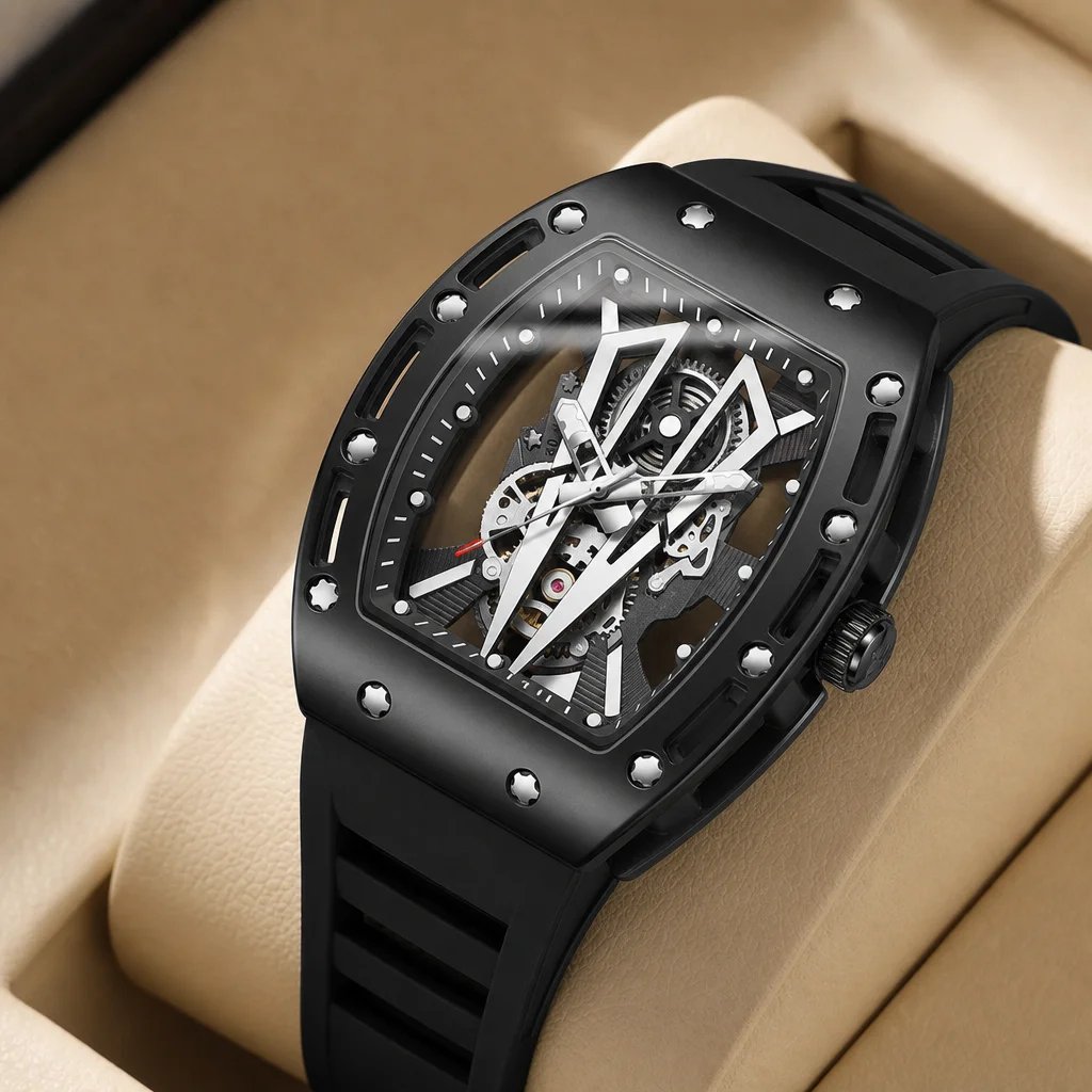 

1pcs Men's black dial silicone strap vintage fashion tonneau case skeleton sporty details Quartz Watch for daily business party