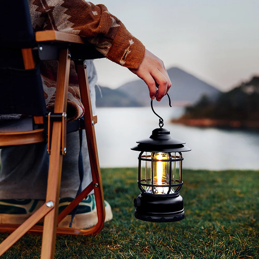 Camping Portable Retro Lantern Vintage Tent Rechargable Lighting Decoration Waterproof Outdoor Garden Street Path LED Lawn Lamp