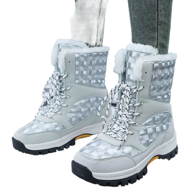 أحذية نسائية شتوية من الكشمير لعام 2025 مصنوعة من القطن الحراري السميك -40 أحذية ثلج بيضاء عالية الجودة للسفر