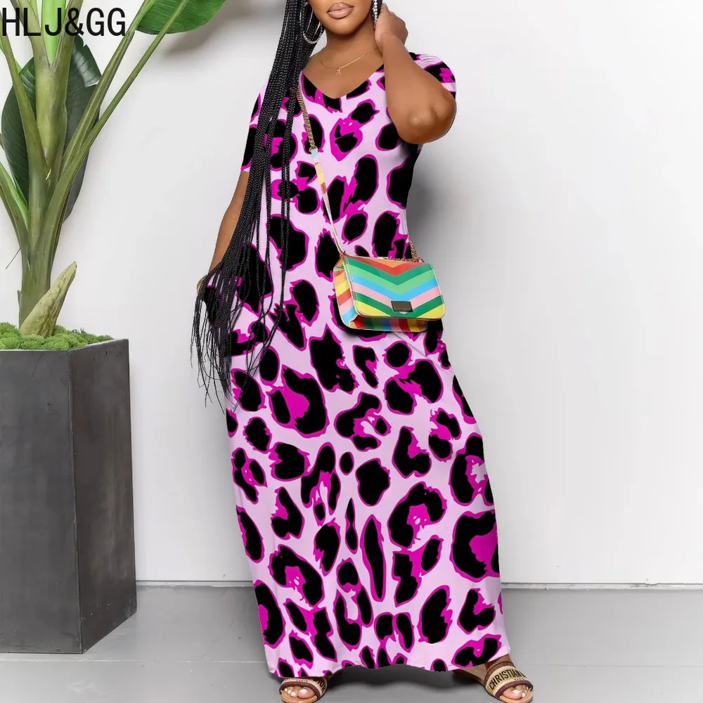 

HLJ&GG Summer New Leopard Printing V Neck Loose Maxi Dress Women V Neck Short Sleeve Robe Vestidos Fashion Female Clothing 2024