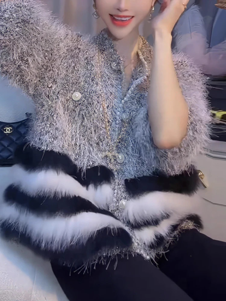 

Элегантная уникальная блузка в стиле меховой шубы, новинка зимы, роскошная, для деловых встреч, свободного кроя, с длинным рукавом