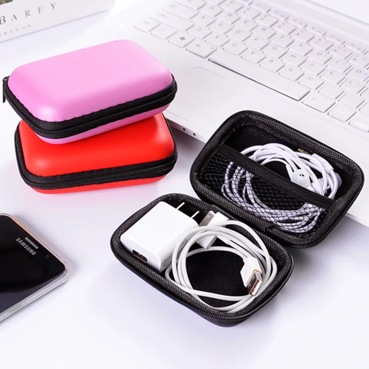 Fashion New Black Travel Zipper Case Leather Earphone Storage Box Portable USB Cable Organizer Carrying Hard Bag For Coin Memory