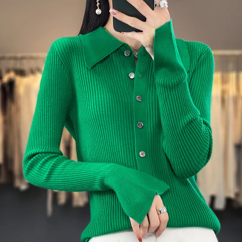 

Spring and autumn 2023 new ladies POLO neck knitted wool cardigan lapel sweater coat