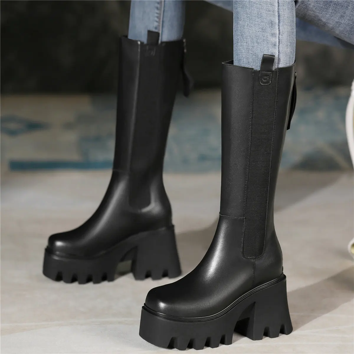 Winter Chunky Platform Pumps Women Genuine Leather High Heel Motorcycle Boots Female Warm Square Toe Thigh High Casual Shoes