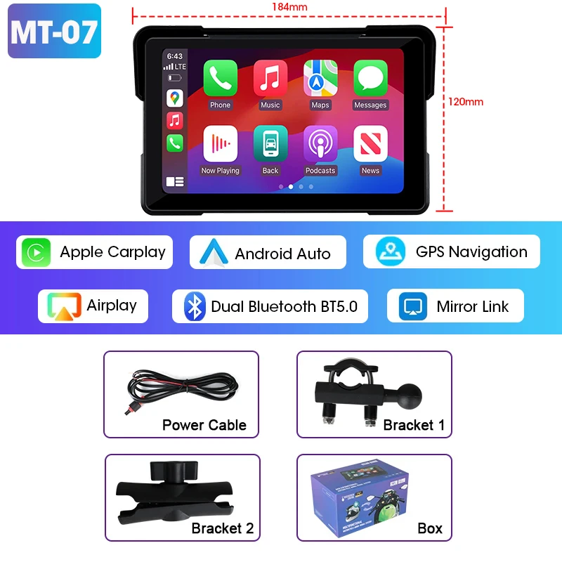 7 inch draagbare motorfietsnavigatie Ondersteuning 2K camera IPX7 waterdicht LCD-scherm voor draadloze CarPlay Android Auto