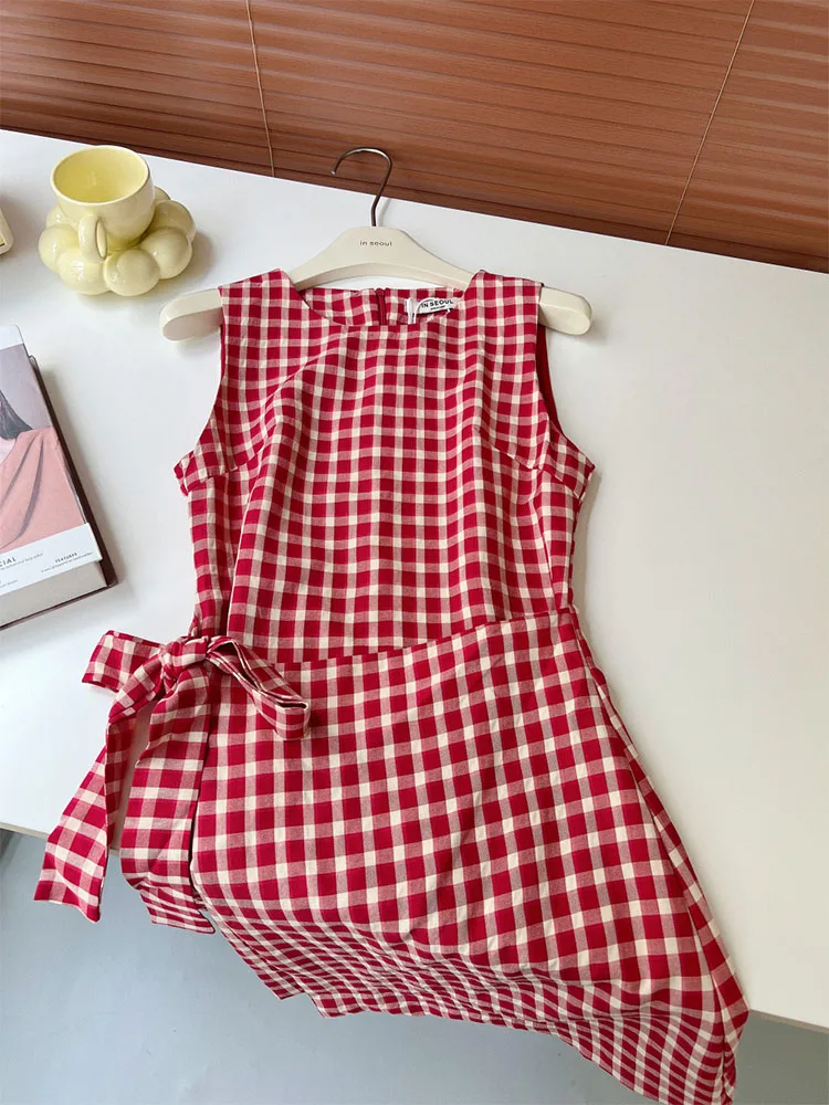 Harajuku Japanese Women A-Line Dress Beach Sleeveless Design Red Plaid Fairy Dress Lace Up O-Neck Prom Gown Streetwear Fashion