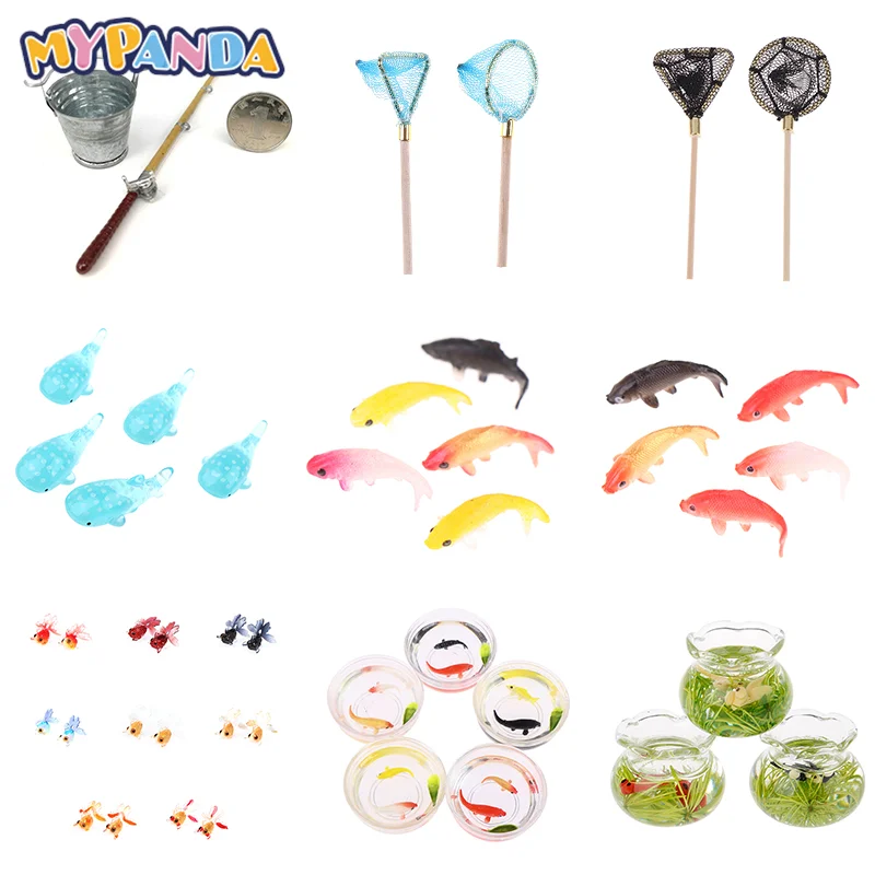 

Doll Aquarium Dollhouse Miniature Fish Tank Bowl Fishing Net Goldfish Rod Doll House Decorative Toys