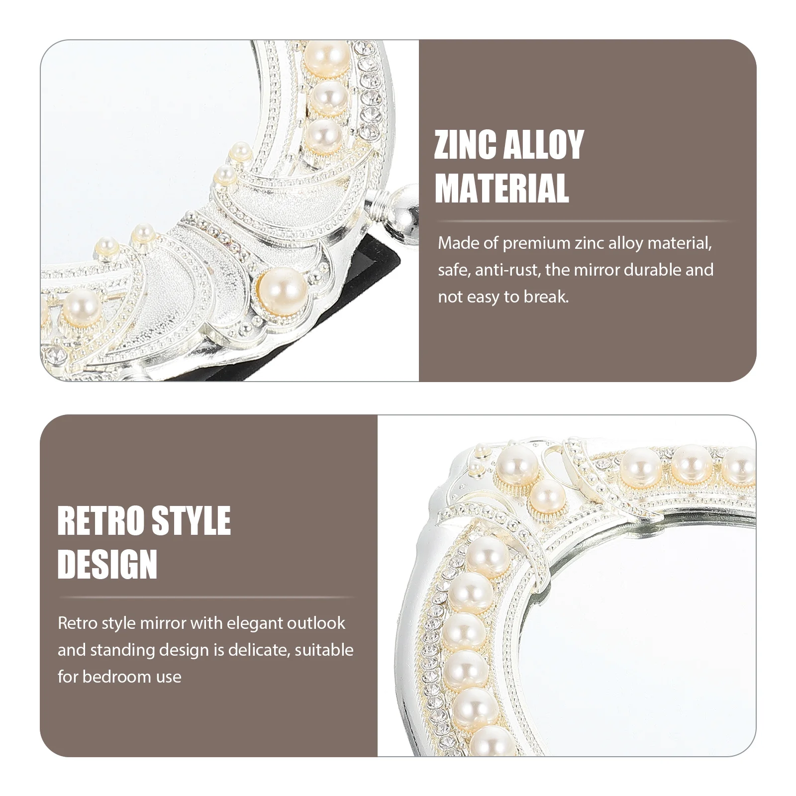 

Retro Pearl Makeup Mirror Standing Zinc Alloy Wear-Resistant Desktop Vanity Mirror for Bedroom Dressing Table Decoration