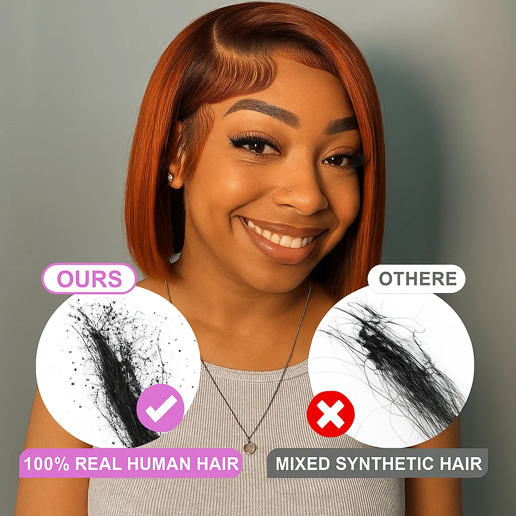 # Peruki bob z prostych włosów naturalnych 4/350 Omber Ginger z brązowymi pasemkami, krótkie, z przedziałkiem 13x4, z koronką z przodu, ulepszone, bezklejowe.