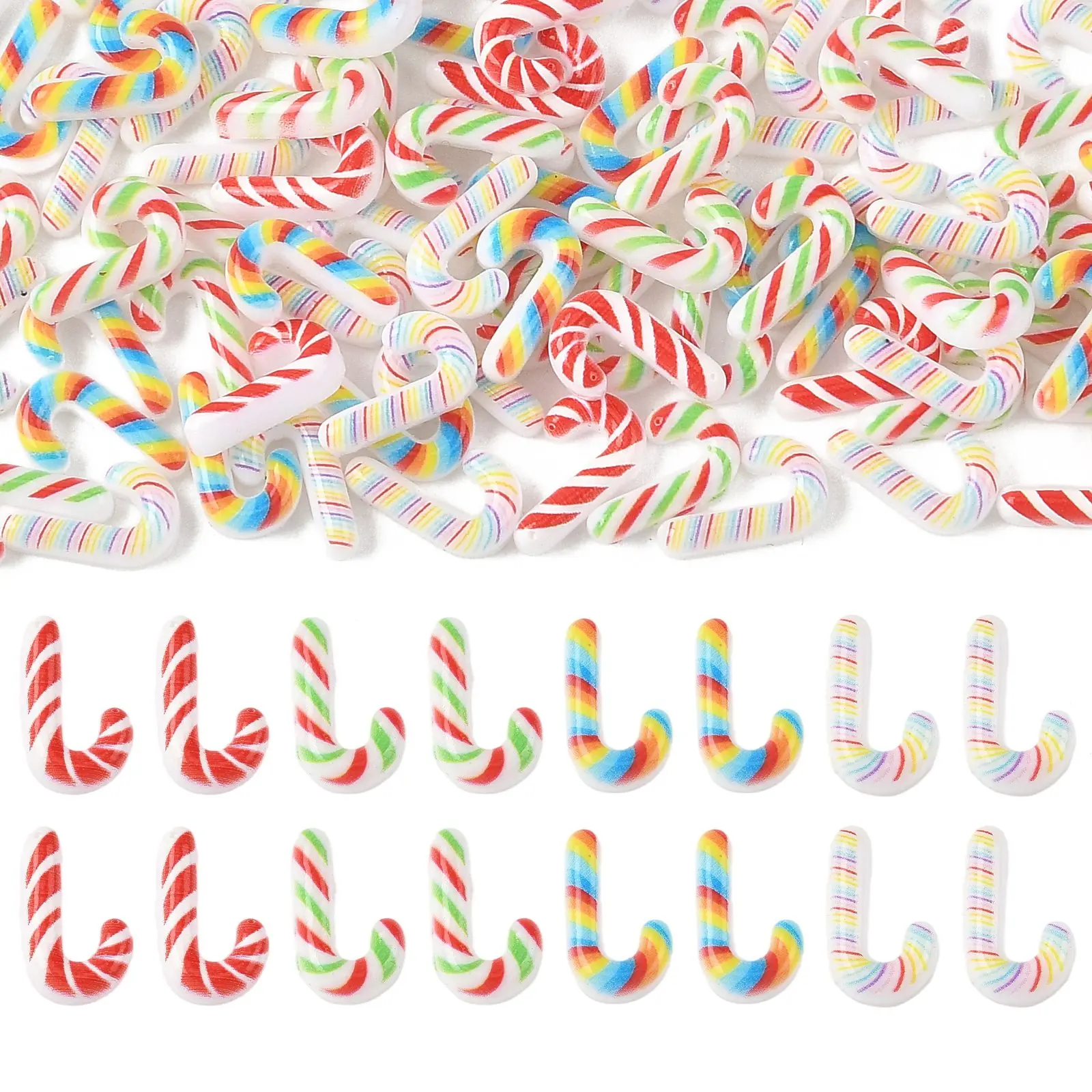 PandaHall 100Pcs Christmas Candy Cane Opaque Resin Cabochons, Mixed Colors 13x8x3.5mm for DIY Jewelry Making and Holiday Crafts
