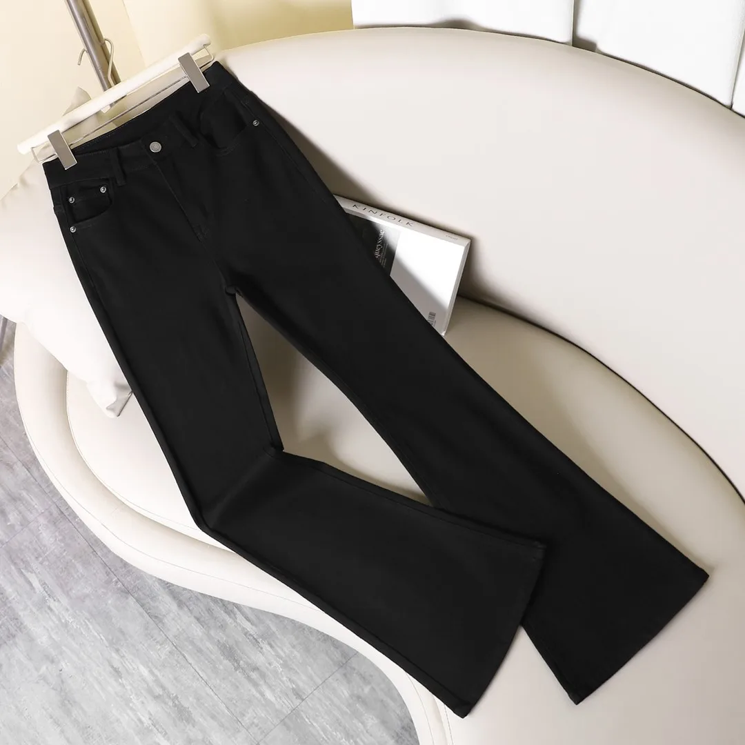 Black High Waist Fleece Lined Skinny Jeans Women's Fashionable Versatile Slimming Bell Bottoms Cotton Stretch Denim Jeans