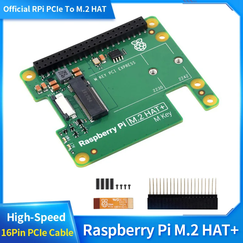 Raspberry Pi M.2 HAT + PCIe Para M.2 HAT Adaptador, Protocolo NVMe, Suporte de Unidade de Estado Sólido, Refrigerador Ativo para RPi 5, Oficial