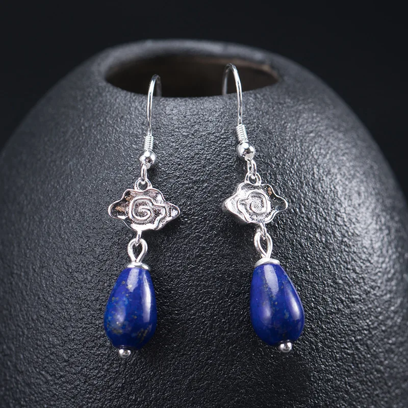 

Fashionable Lapis Lazuli Earrings, Retro Auspicious Cloud Blue Ear Hooks, S925 Silver Jewelry, Exquisite Daily Wear And Clothing