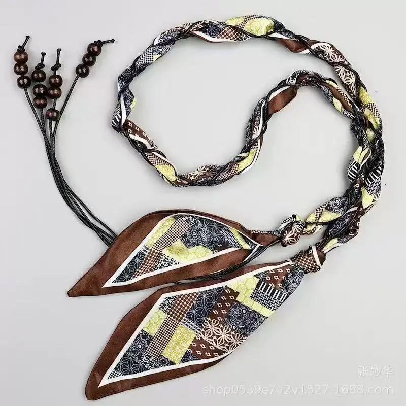 Spring and summer silk scarf woven belt, elegant accessory for women, fashionable belt, retro American-style belt