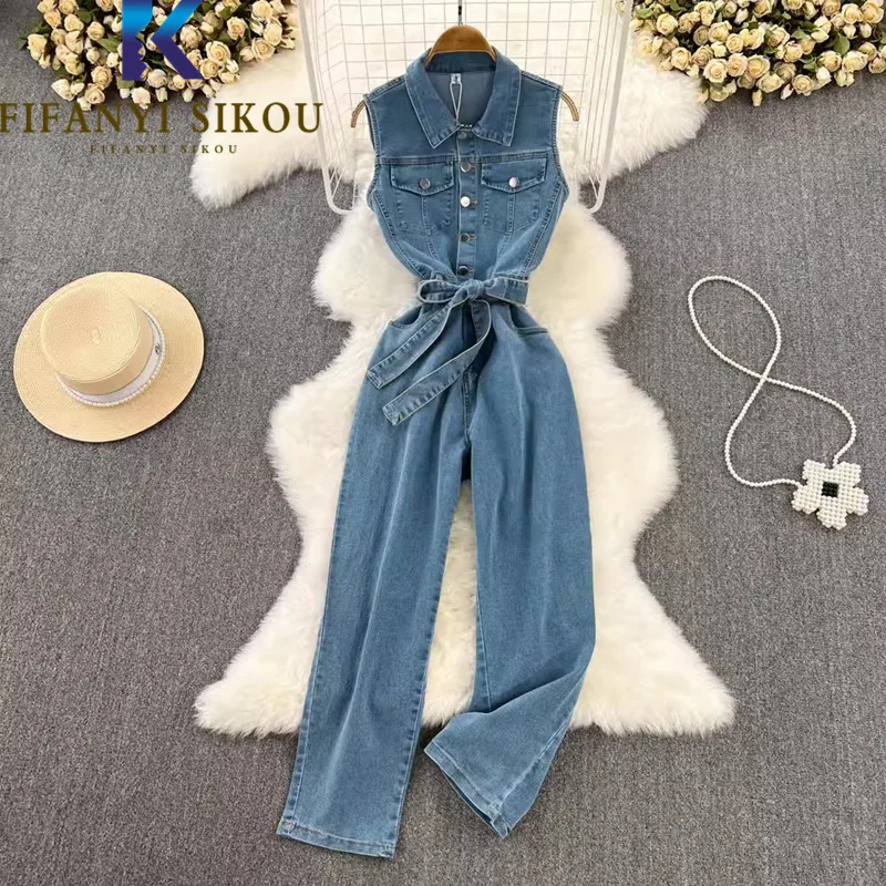

Casual Denim Jumpsuits Women 2024 Summer Lapel Sleeveless Rompers High Waist Denim Overalls Loose Straight Jeans Female