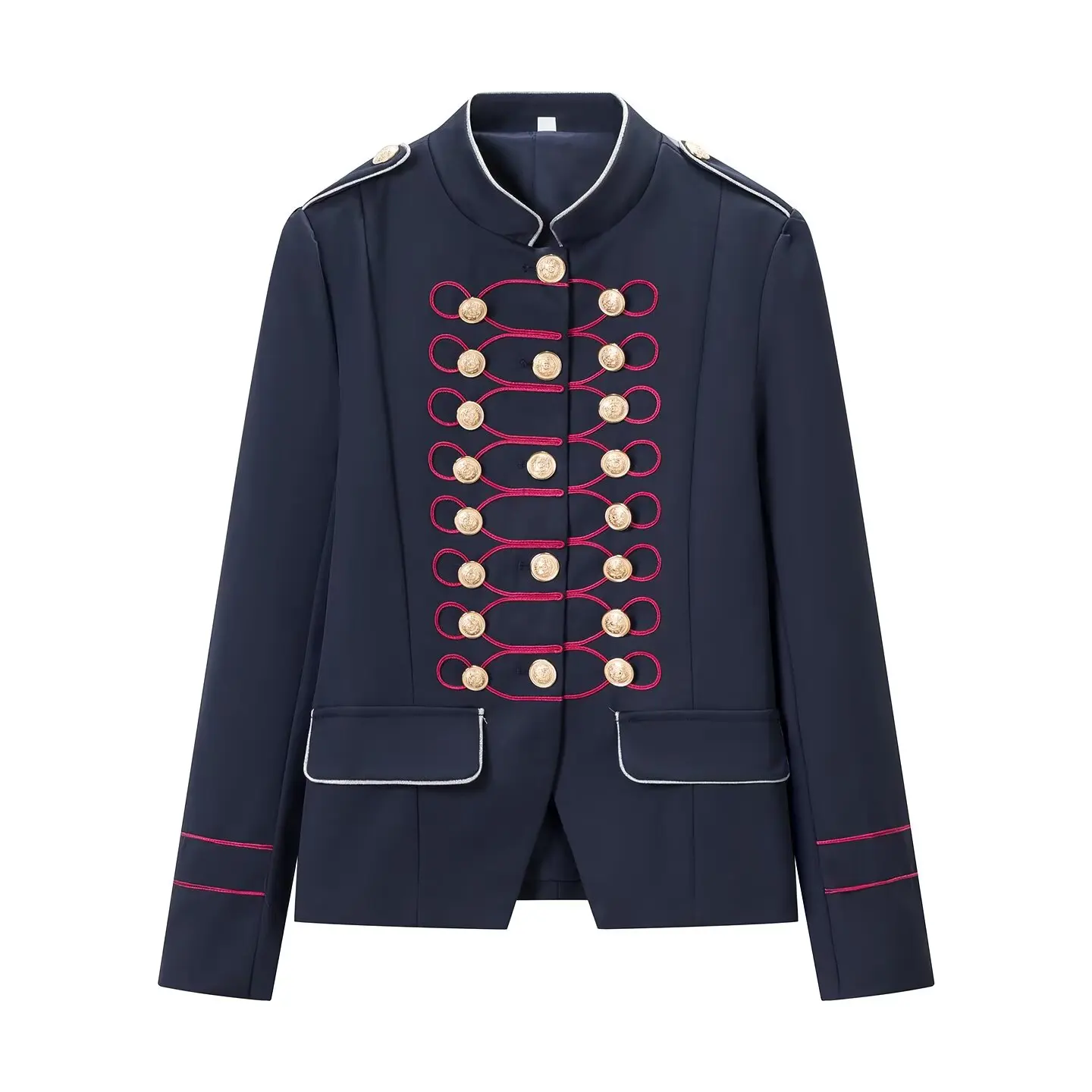 2026 Autumn Women's Elegant Napoleon Gold Button Jackets Office Lady Vintage Epaulet Cropped Stand Neck Street Commute Coats Top