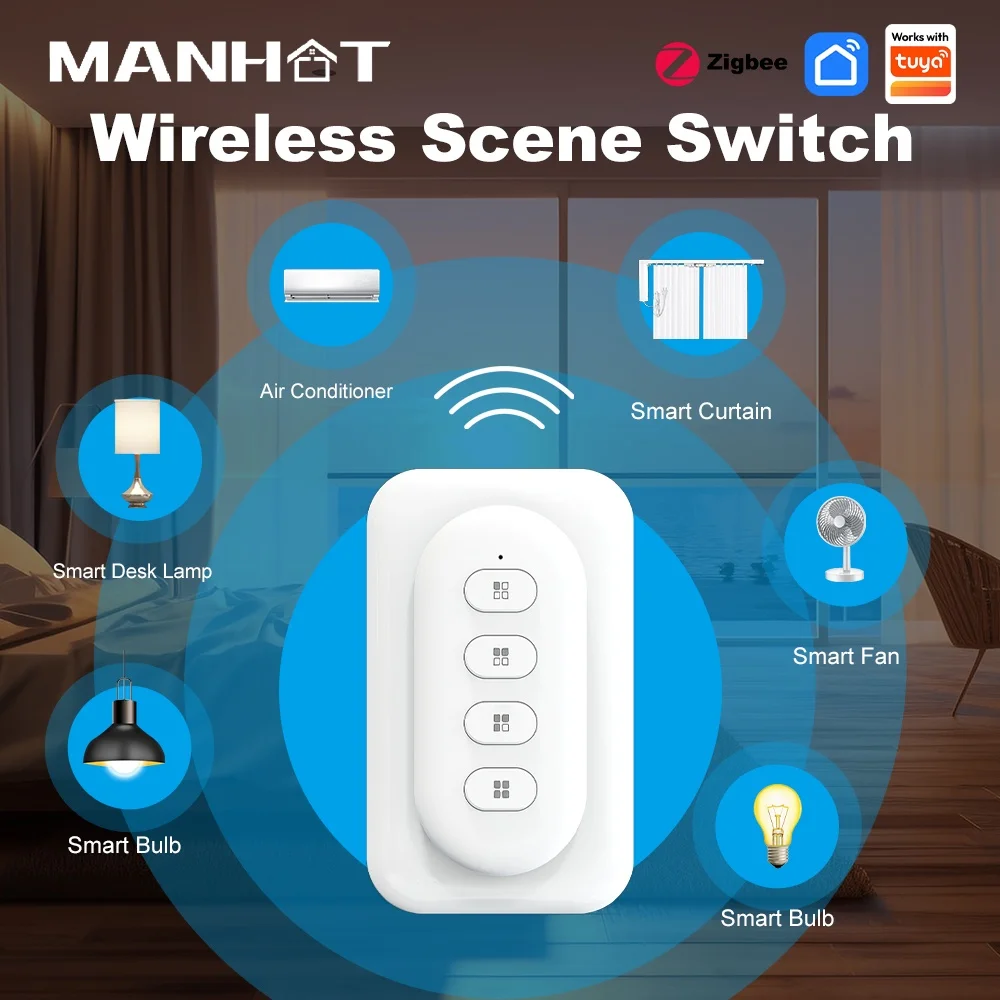 

Manhot ZigBee3.0 Smart Wireless Button Scene Switch 4 Gang 12 Modes Battery Powered For Smart Life APP Home Automation Scenario
