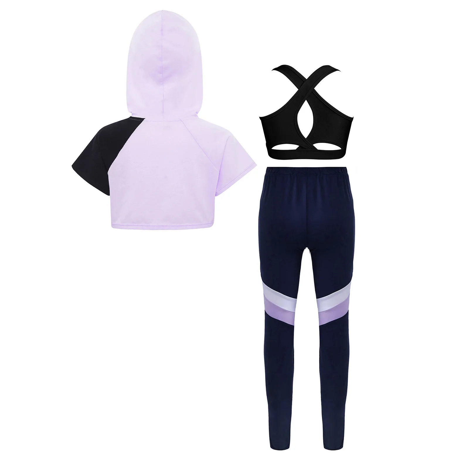 

Children Girls Yoga Clothes Sets Sports Outfit Short Sleeves Color Block Hooded Crop Top+Vest+Leggings Set for Workout Exercise