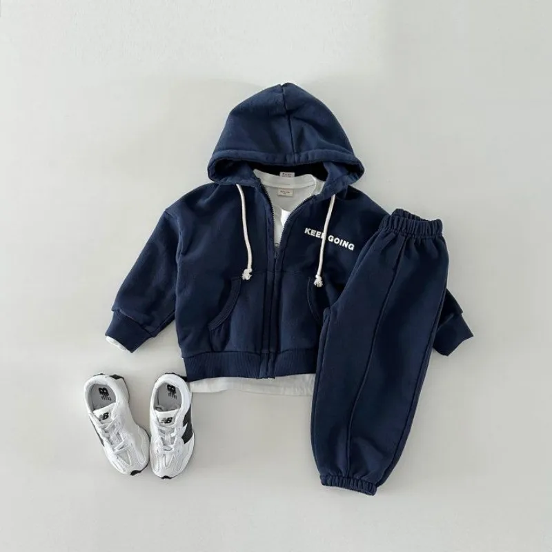 Autumn New 2024 Korean Boys\' and Girls\' Set Letter Zipper Hooded Long Sleeve Sweater Children\'s Pants Two Piece Set