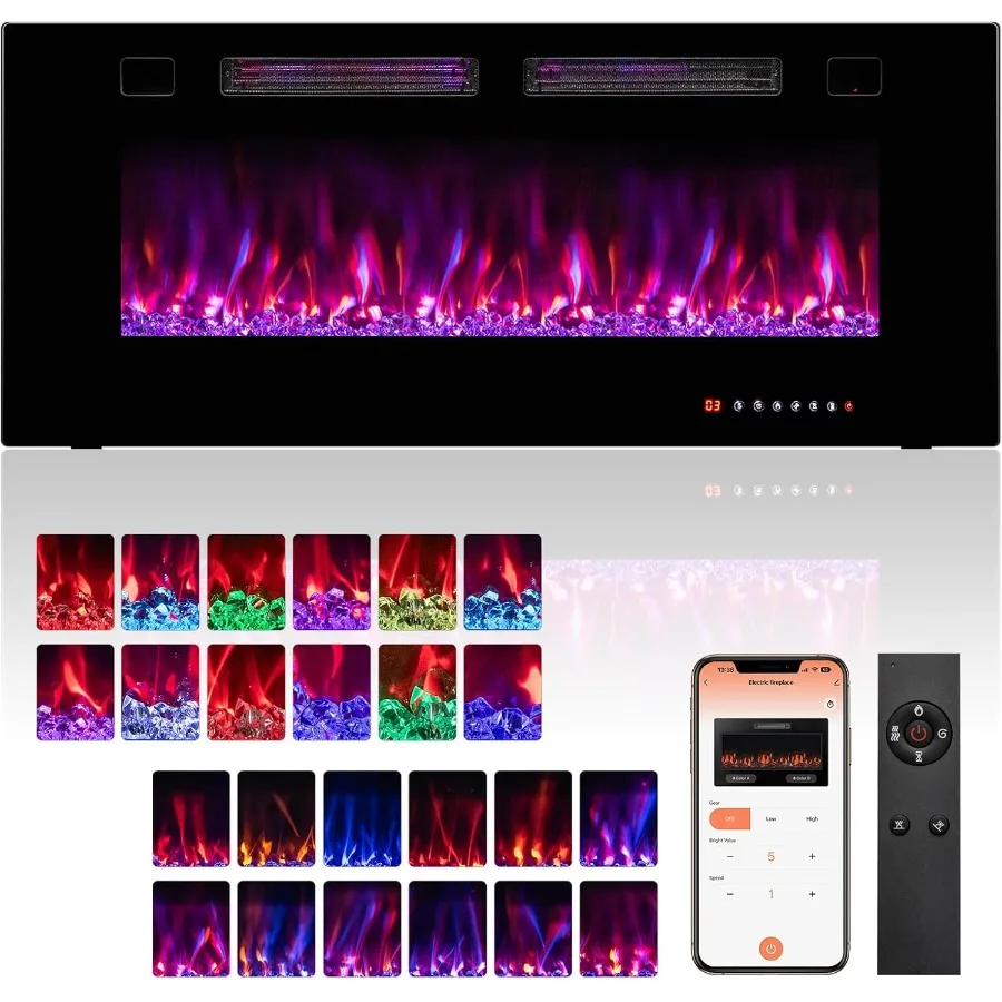 

42inch Smart WiFi App Controlled Electric Fireplace with Ultra Thin Linear Design for Recessed or Wall Mounted Installation Adj