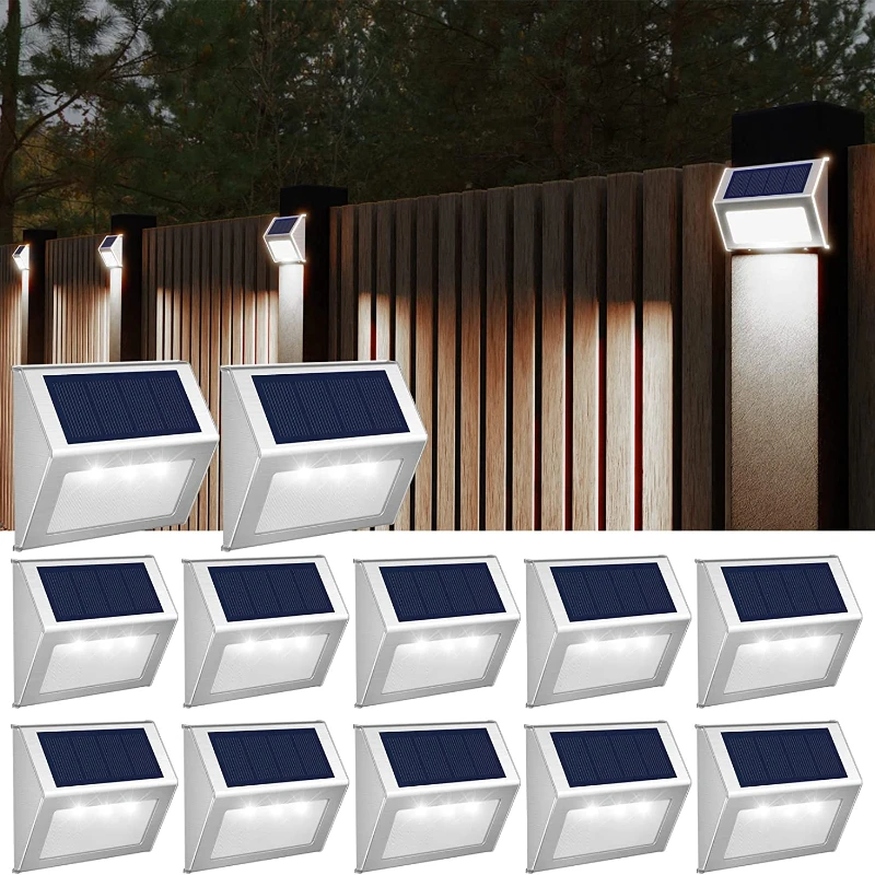 Solar Powered Outdoor Fence Lights, luzes impermeáveis do convés, lâmpada de aço inoxidável, lâmpadas de parede de segurança, iluminação do quintal