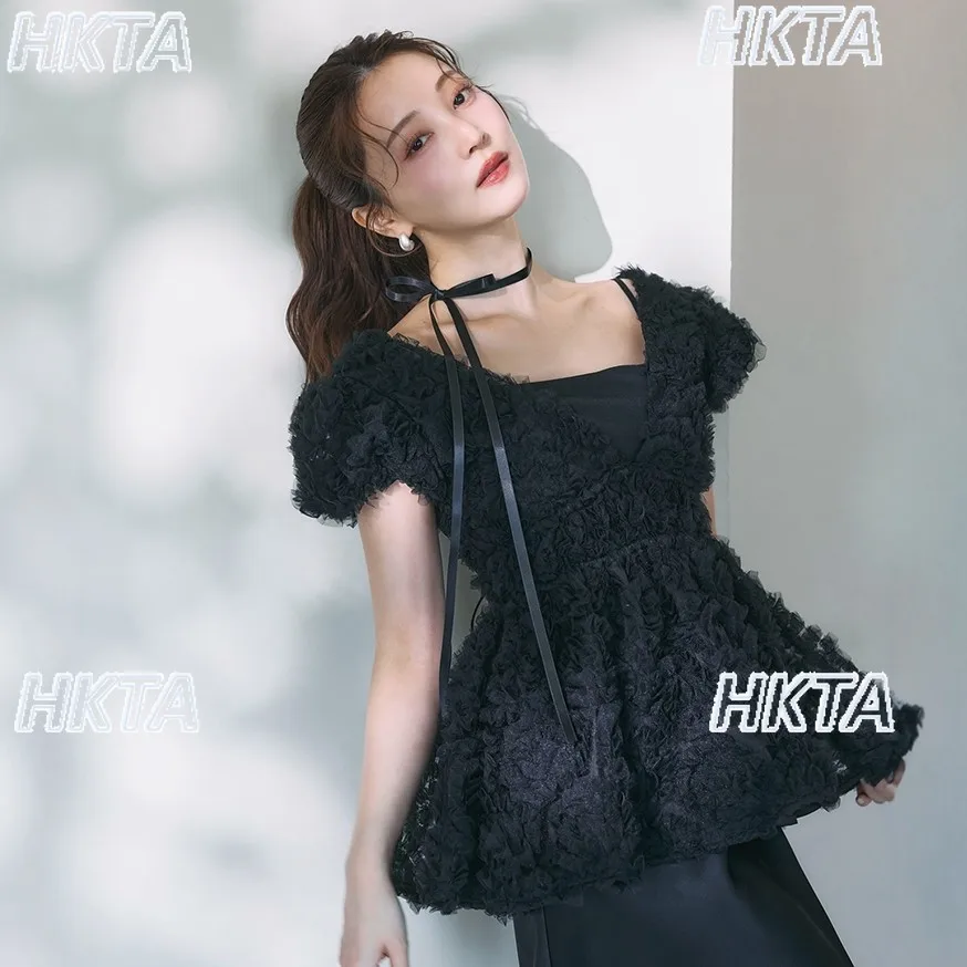 Japanese Three Dimensional Flower Mesh Bubble Short Sleeved Top Black Shirt Elegant Lace Up Waist Slim Sweet Cute Blusas Women