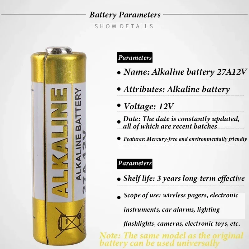 5PCS Alkaline Battery 12V A27 27A G27A MN27 MS27 GP27A L828 V27GA ALK27A A27BP K27A VR27 R27A For Alarm Remote Control Dry Cell