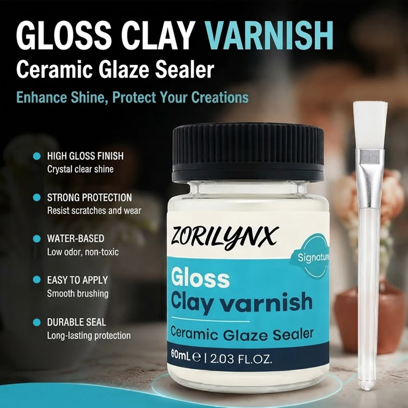 Shiny Water-Based Clay Glaze Sealer Clear Gloss Varnish with Brush for Finishing Handmade Pottery and Crafts - ZORILYNX