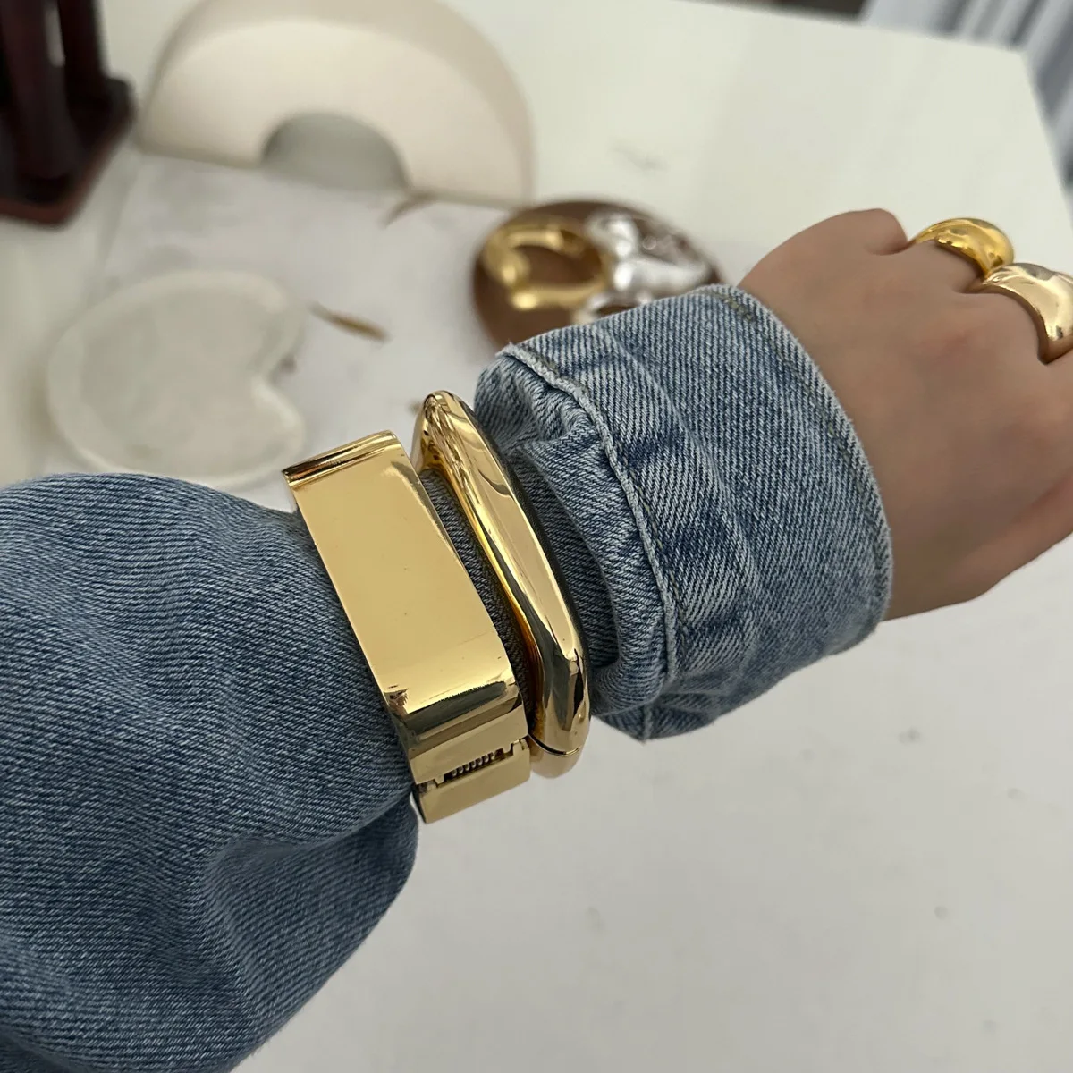 Punk Hip Hop Water Drop Cuff Wide Bangles Vintage Gold Silver Color Geometric Square Spring Bangles Women Bracelets Jewelry