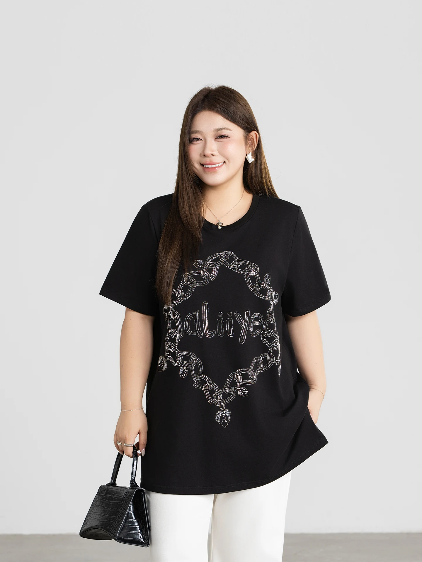 

plus Size Women's Cotton T-Shirt Rhinestone Short Sleeve Loose Fit Slimming Casual Style U-Neckline Summer Fashion Top