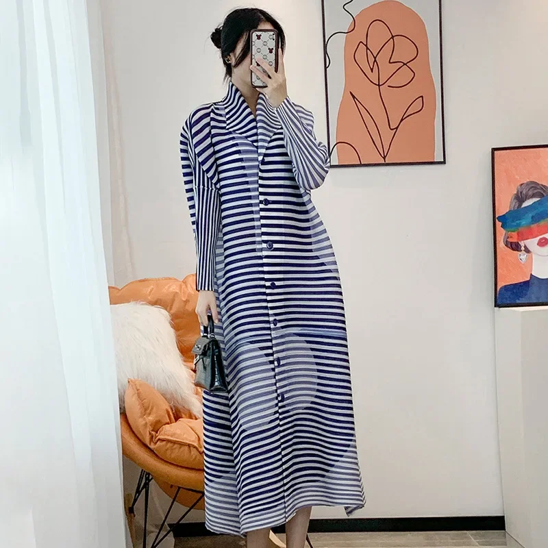 Women's Pleated Stripe Print Dress, Autumn Temperament Slim Cardigan Collar, Long Dresses, Miyake Design, Fashion, 2022