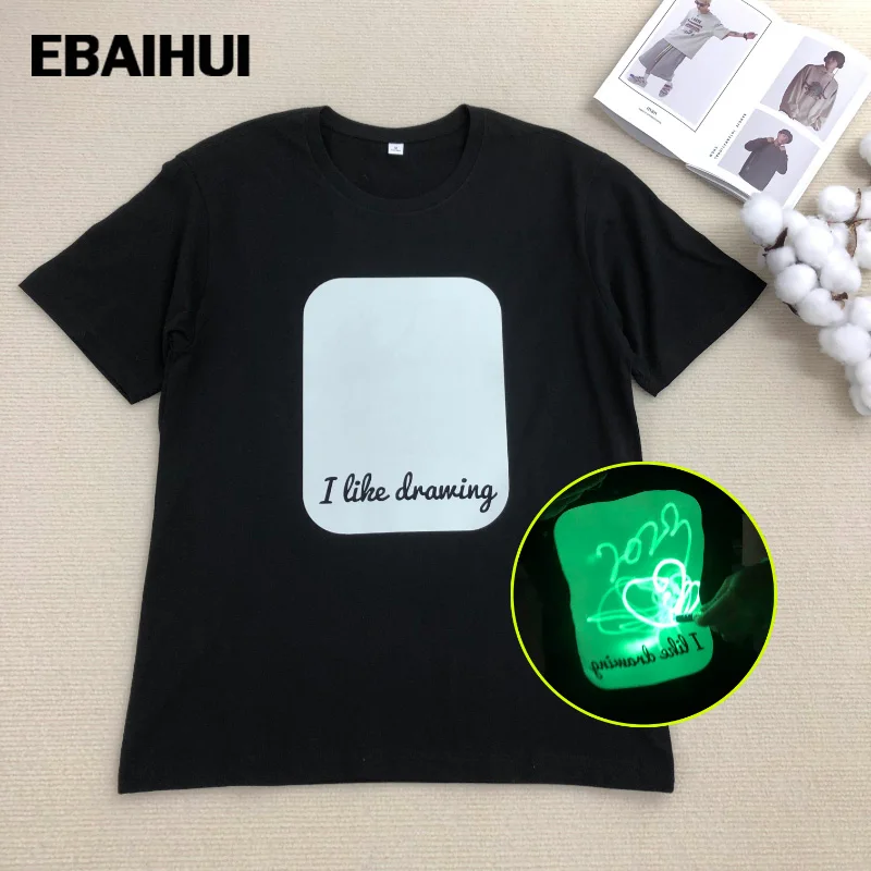 E-BAIHUI ManT-shirts Interactive Glow Mens Black Tshirts In Dark T-Shirt Graffiti Painting Summer Family Clothes with Light Chic