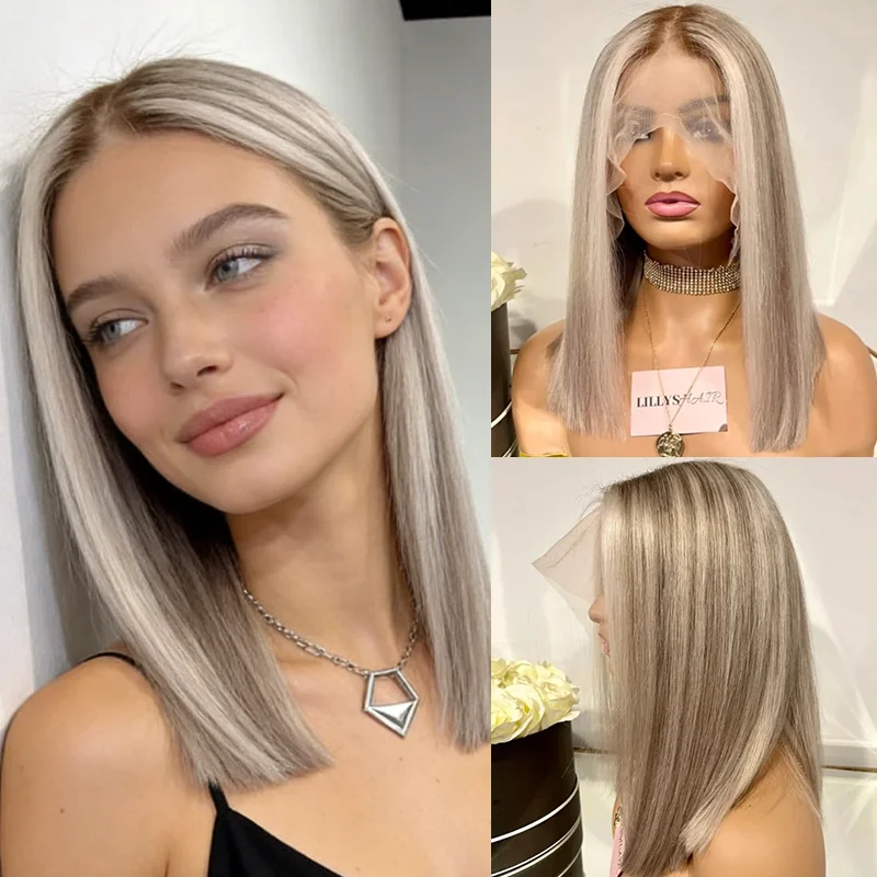Short wigs with lace part 13x4 HD Transparent Ombre Highlights Ash Blonde Colored Synthetic mixed Human Hair Wigs for Women Girl