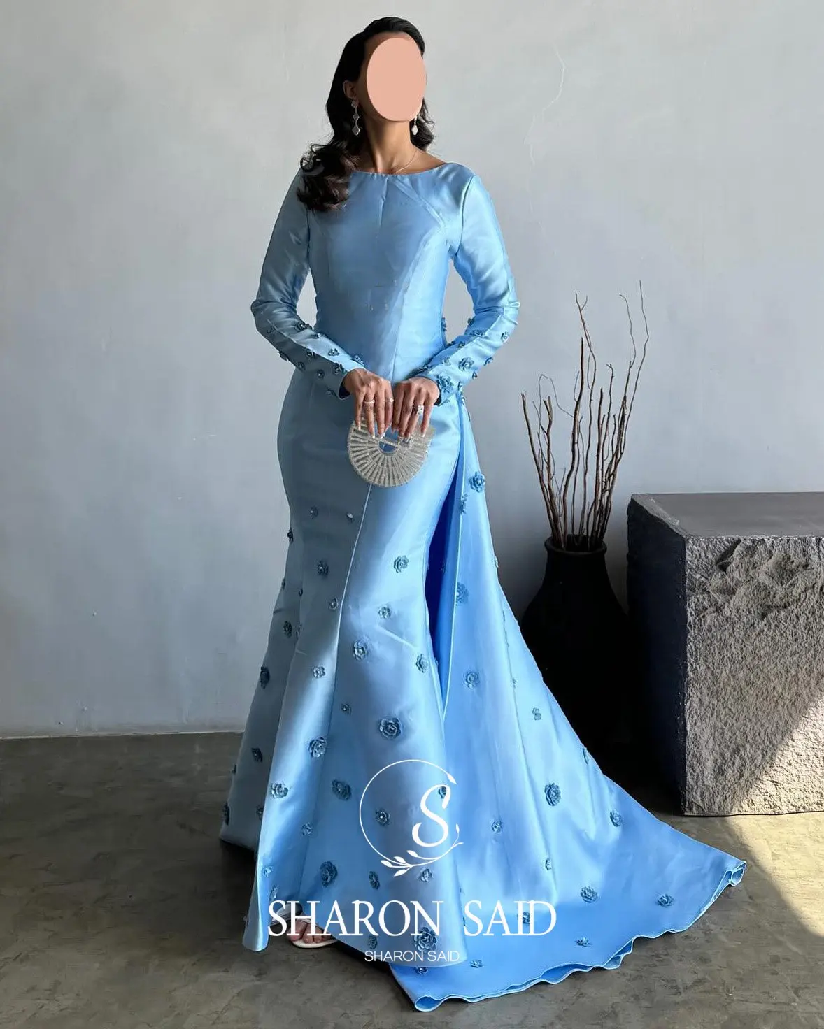Sharon Said Dubai Blue 3D Flower Evening Dress with Long Sleeve Overskirt for Women Wedding Formal Gown SF244 Customized