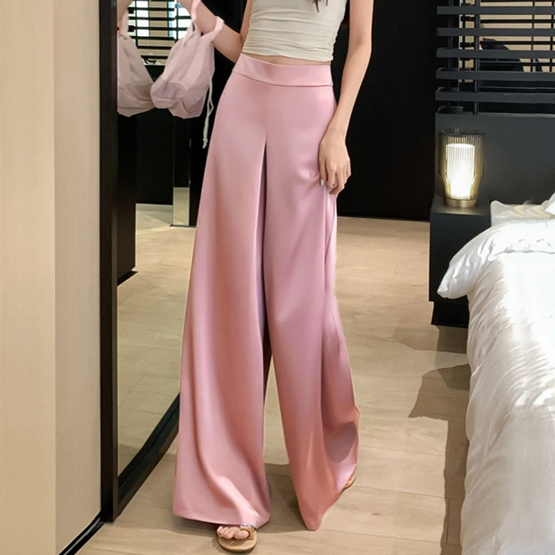

Satin Wide-Leg Pants Women Spring Bell-Bottoms Pants Loose Casual Pants High Waist Oversized Long Pantalons