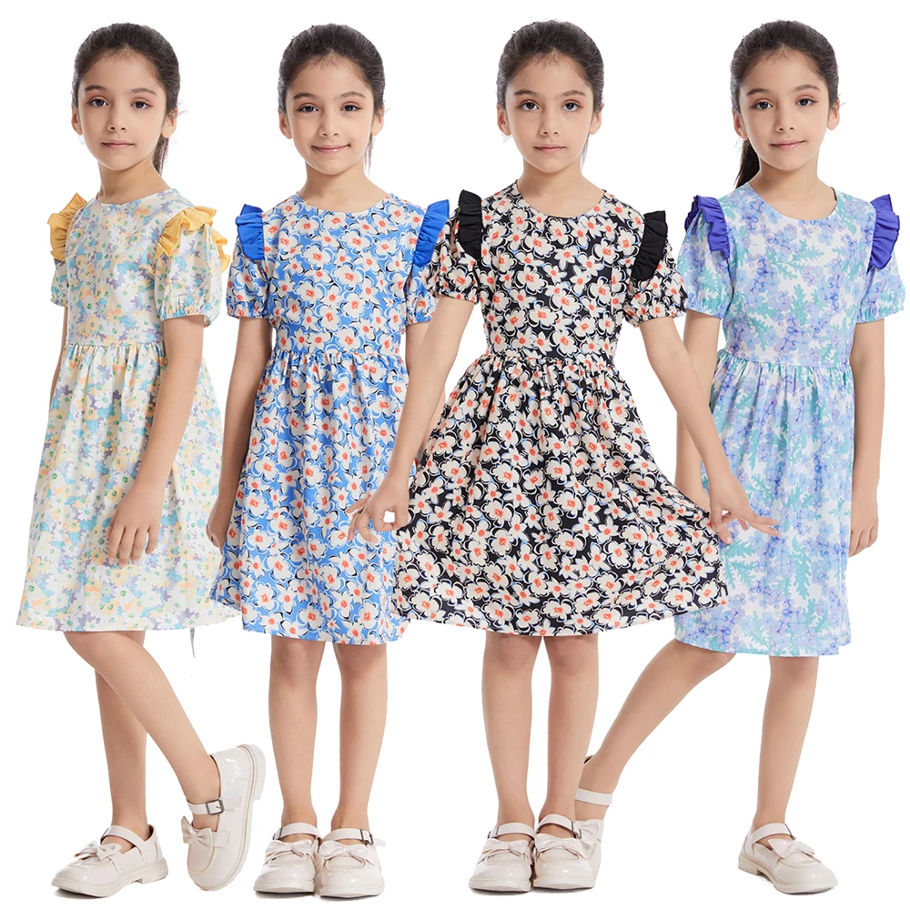 

2024 Floral Dress for Girls Kids Southeast Asia Summer Print Party Dresses Muslim Islamic Children Abaya Kaftan Eid Ramadan Robe