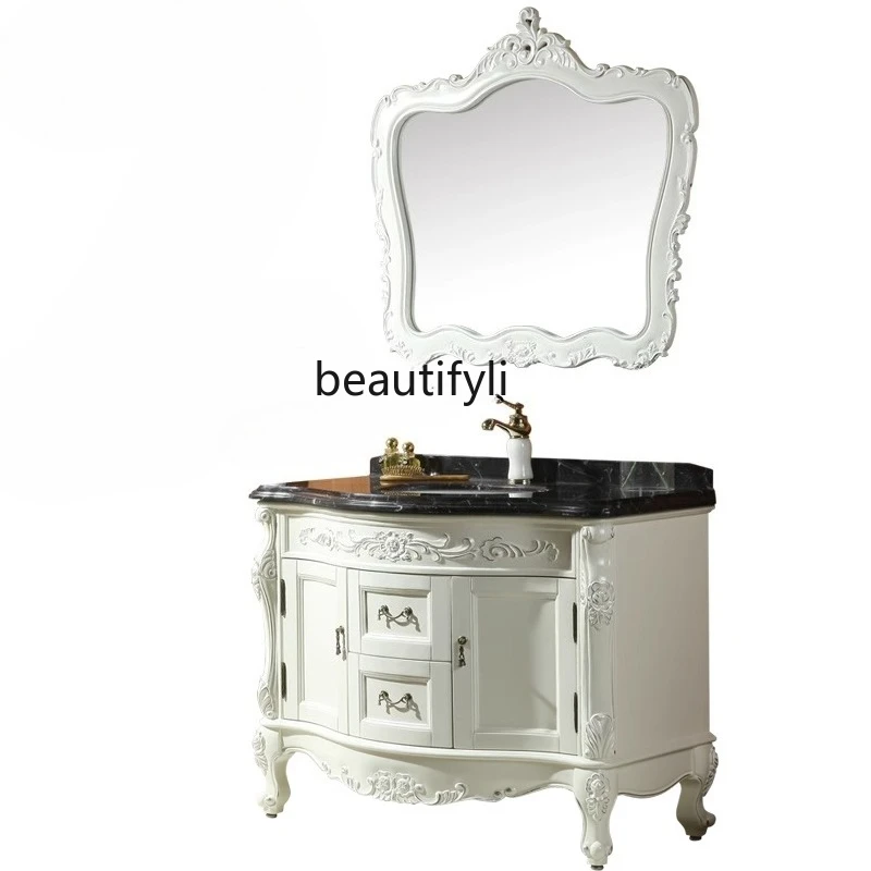 

Spot European bathroom cabinet antique washbasin Red oak solid wood grooming bathroom cabinet Sanitary ware floor combination