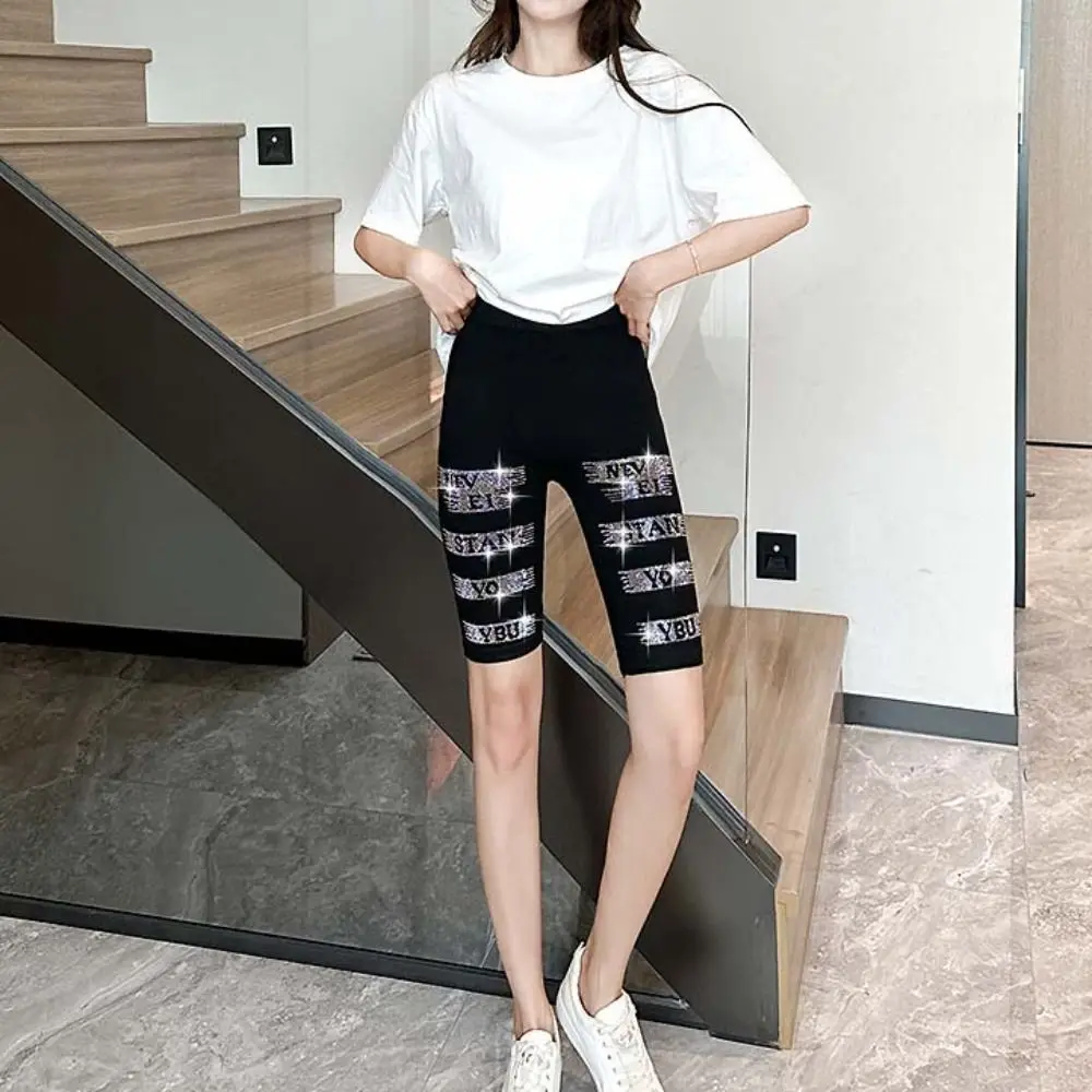 Zircon Letter Hip Lift Yoga Shorts Elastic Tights Women Rhinestone Leggings Stretch Pants Seamless High Waist Leggings Gym