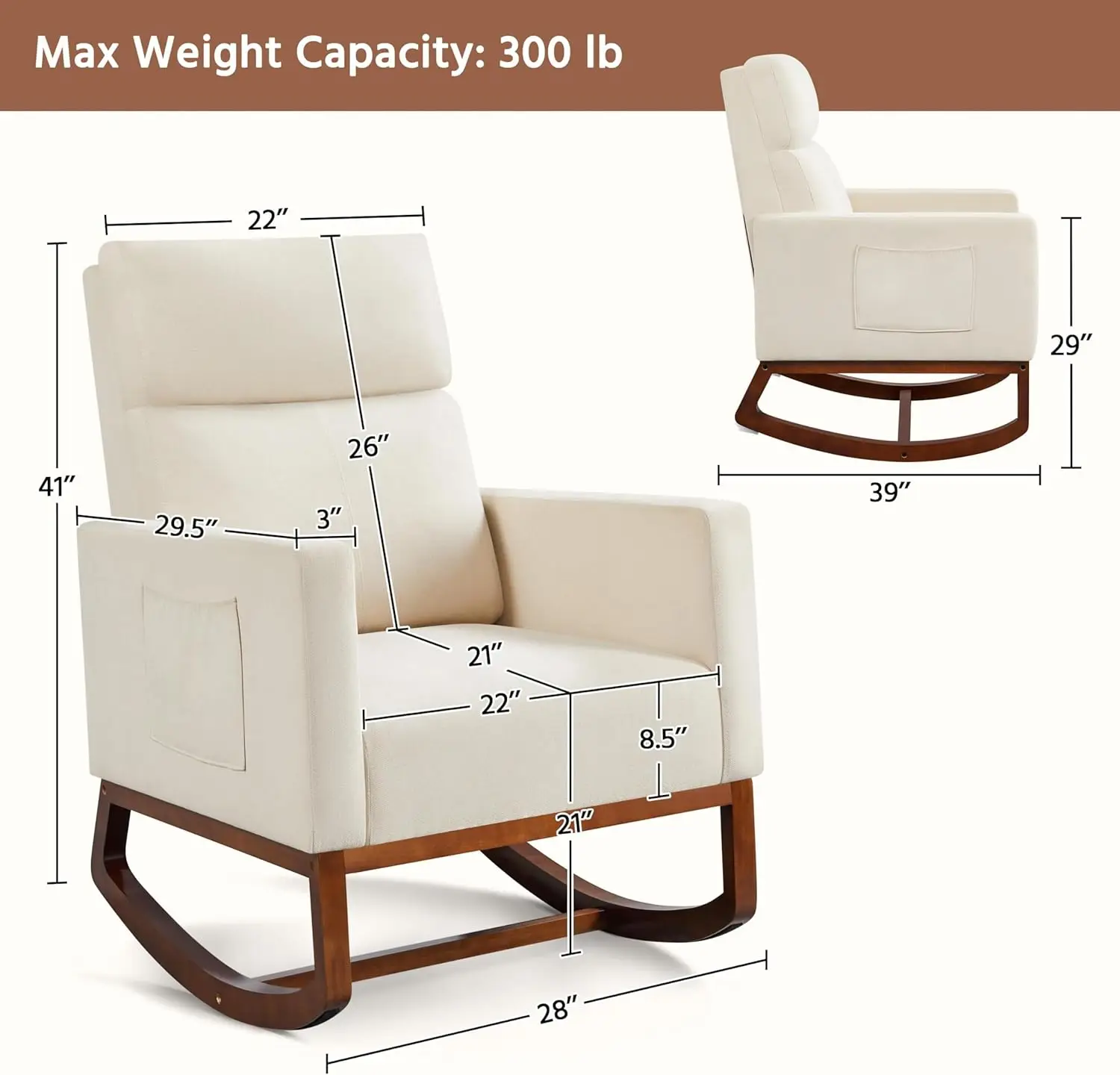 Rocking Chair, Modern Glider Chair, Recliner Armchair with Wood Legs and Side Pocket, Nursery Rocking Accent Chair wit