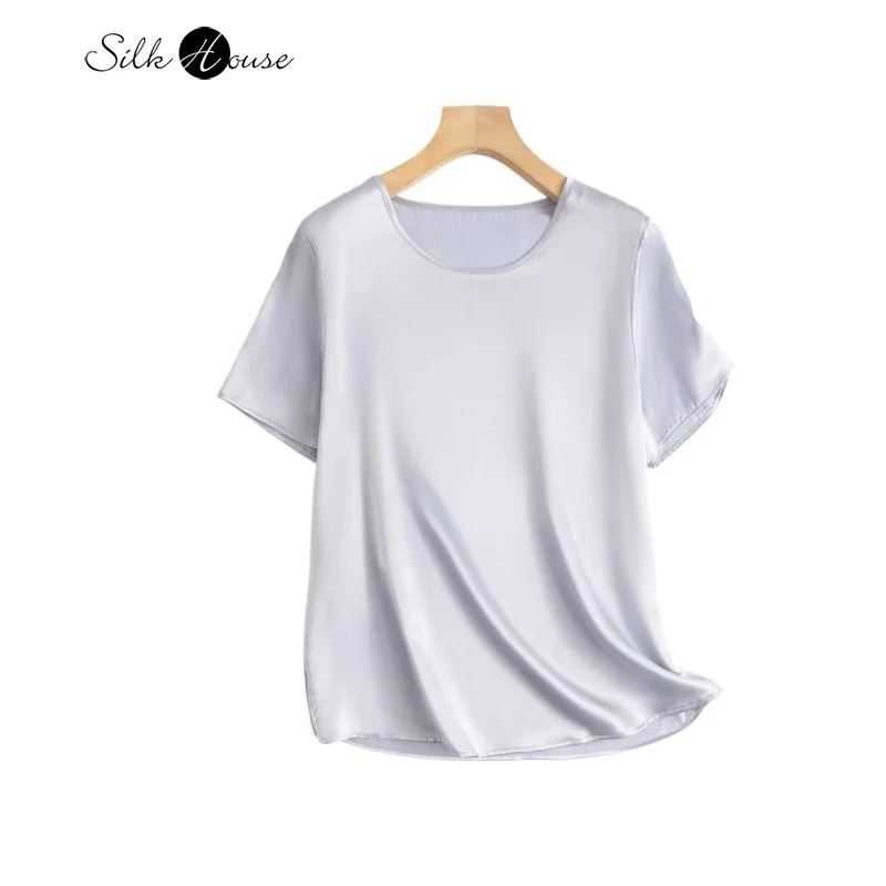 

Women's Fashion New 19MM 100% Natural Mulberry Silk Plain Satin Silver Grey Loose Round Neck Short Sleeve T-shirt