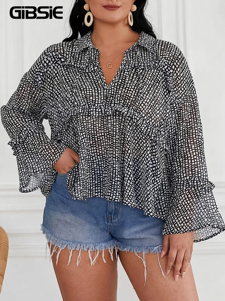 

GIBSIE Plus Size Tie Neck Frill Trim Printed Blouse Women's Spring Summer Long Sleeve Loose Holiday Casual Shirt Tops