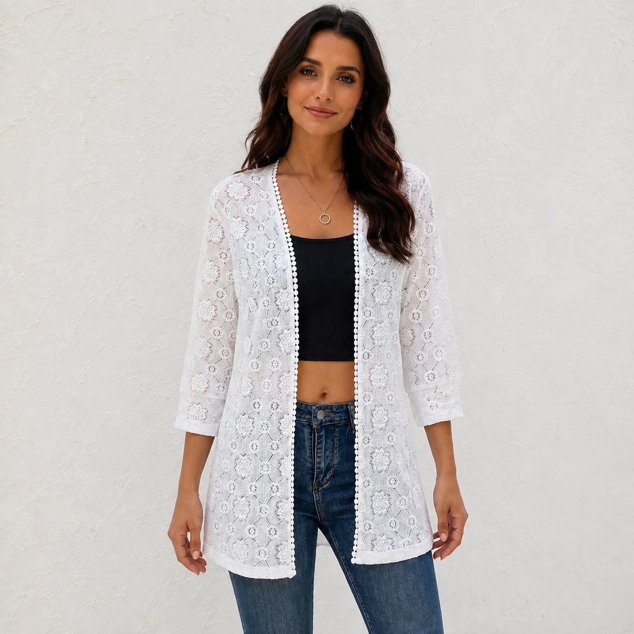Women White Lace Cardigan 3/4 - đánh giá và giá Kimono Sheer Floral