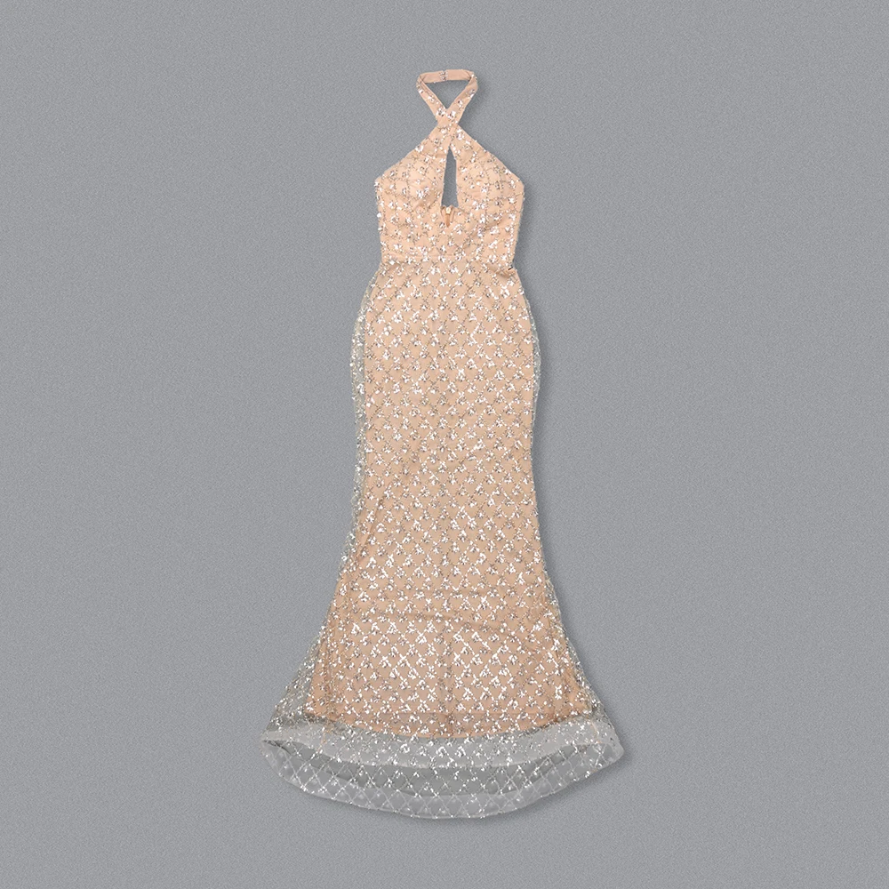 Impresionante vestido largo halter adornado con cristales: vestido transparente sexy con escote en V profundo para un vestido de fiesta de noche glamoroso